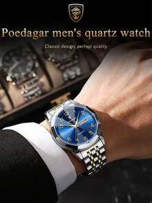 POEDAGAR 1件装休闲男士不锈钢石英腕表，防水，夜光，双日期显示，时尚男士腕表，适合日常佩戴，情人节礼物 - 均碼 - 查看 3