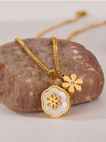 1pc Beautiful Jewelry Gift Set Stainless Steel Necklace With Shell Inlaid Small Floral Pendant, Minimalist Design, Fashionable Accessory For Women, Suitable For Parties, Birthdays - Yellow Gold - View 7