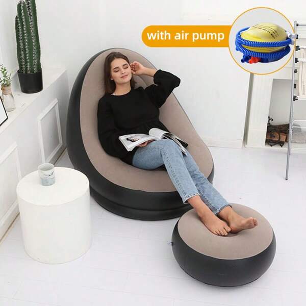 1pc Slouchy Inflatable Sofa Chair, Foldable Outdoor Sofa Bed With Footrest And Air Pump. Comfortable Flocked Combination Sofa, Portable And Storable, Suitable For Indoor And Outdoor Leisure