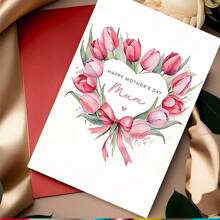 1 pièce, Carte pour la fête des mères avec motif floral (avec enveloppe). Fleurs entourées d'un motif en forme de cœur. Convient pour toute occasion, parfaite carte de vœux pour les mères le jour de la fête des mères (12 cm / 4,7 po x 17 cm / 6,7 po)