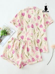 2pcs Plus Size Women Tulip Print Lapel Button Front Short Sleeve Top And Shorts Sleepwear Suit, Comfortable For Home Wear, Summer, Outfits