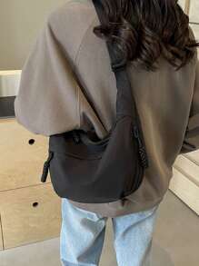 lulu kewen Fashionable Color Nylon Waterproof Shoulder Bag With Simple & Casual College Style, Wide Strap, Multiple Zipper Design Suitable For Students, Shopping, Daily Use, Shoulder Bag For School, Street & Japanese Bag For Women