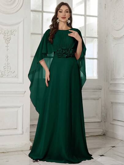 SUPGIR Women's Round Neck Backless Capelet Sleeve Handmade 3D Floral Decor Large Skirt Elegant Cocktail Party Dress, Pink