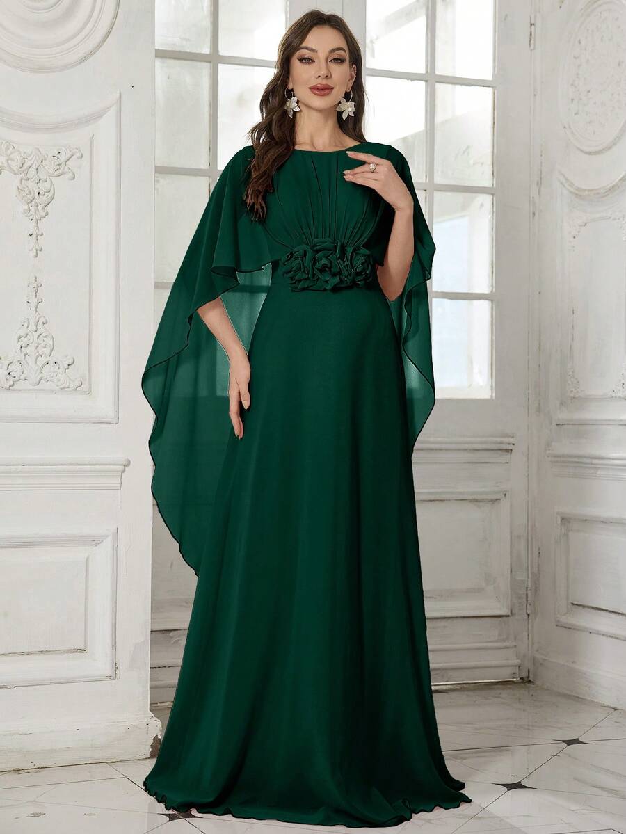 SUPGIR 女士圆领露背披肩袖手工3D立体花卉装饰大裙摆优雅鸡尾酒会礼服，粉色婚礼春季款 - 墨綠色 - 查看 1