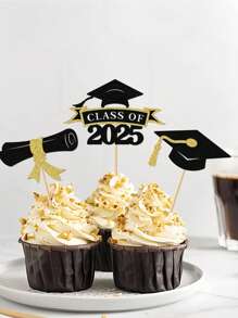 12pcs/Set 2025 Graduation Cupcake Toppers, 2025 Shiny Graduation Cupcake Decorations, 2025 Grad Class Congratulations Graduation Cap & Diploma Cupcake Picks, 2025 Blue And Black, Gold