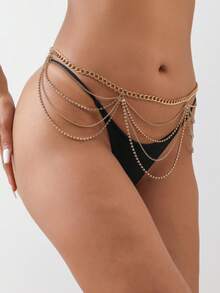 1pc Ladies' Bikini Sexy Body Chain Waist Accessory, Hot Girl Waist Chain Rhinestone Wave Shape - Gold - View 4