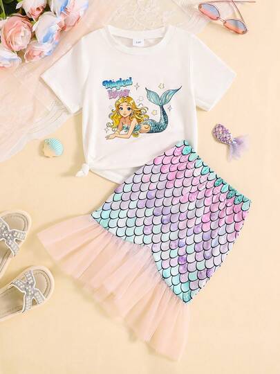 2 Stücke/Set Kleinkinder Fantasie Prinzessin Muster Kurzarm Top und wunderschöne farbverlaufende Fischschuppe Mesh Meerjungfrau Rock Set