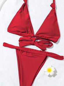 2pcs/Set Women's Sexy Ruched Lace Backless Beach Bikini For Summer Vacation - Red - View 4
