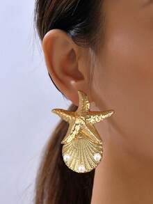 1 对金属海洋主题时尚耳环，采用海星和贝壳仿珍珠设计，适合海滩、派对、度假 - 金色 - 查看 6