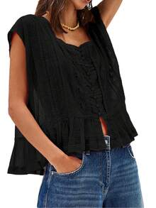 Women Summer Boho Tie Front Lace Trim Tank Tops Y2k Flowy Frilly Chiffon Vest Beach Button Ruffle Eyelet Tank Tops - 黑色 - 查看 2