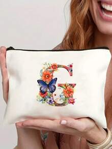 26 Letter & Floral Canvas Zipper Pouch - Lightweight Foldable Makeup Bag, Washable White Cosmetic Pencil Case, Suitable For Women, Mothers & Daughters - Perfect Gift For Graduation, Wedding, Holiday - Multicolor - View 32
