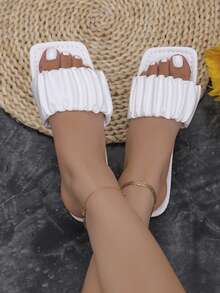 Blue Pleated, Khaki Pleated, Black Slide, Maroon, Green Flat Sandals, White Minimalist Slip-On Sandals For Women, Summer - White - View 4