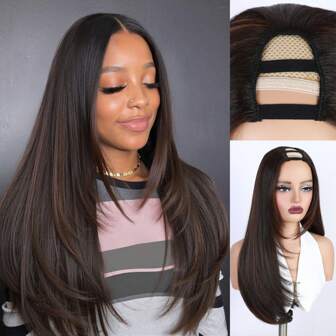 Glueless Layered U Part Wig Highlight Brown Long Straight Layered Wig V Part Light Yaki Wig For Women Heat Resiatant Synthetic Long Glueless Wigs Upgrade U Part Wigs For Women 24 Inch No Leave Out V Part Wig Clip In Half Wigs