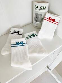 4 Pairs Women's Mid-Calf Socks With Bow Design, Moisture-Wicking, Odor-Resistant, Soft & Comfortable Casual Socks Suitable For Daily Wear, Home, Office, School, Sports - Multicolor - View 2