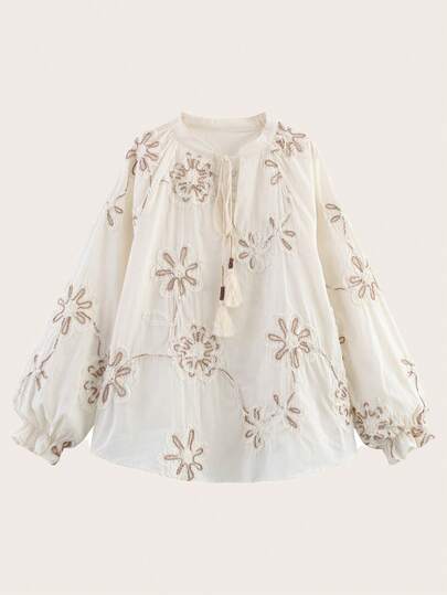 纯色花卉刺绣长袖衬衫，春秋