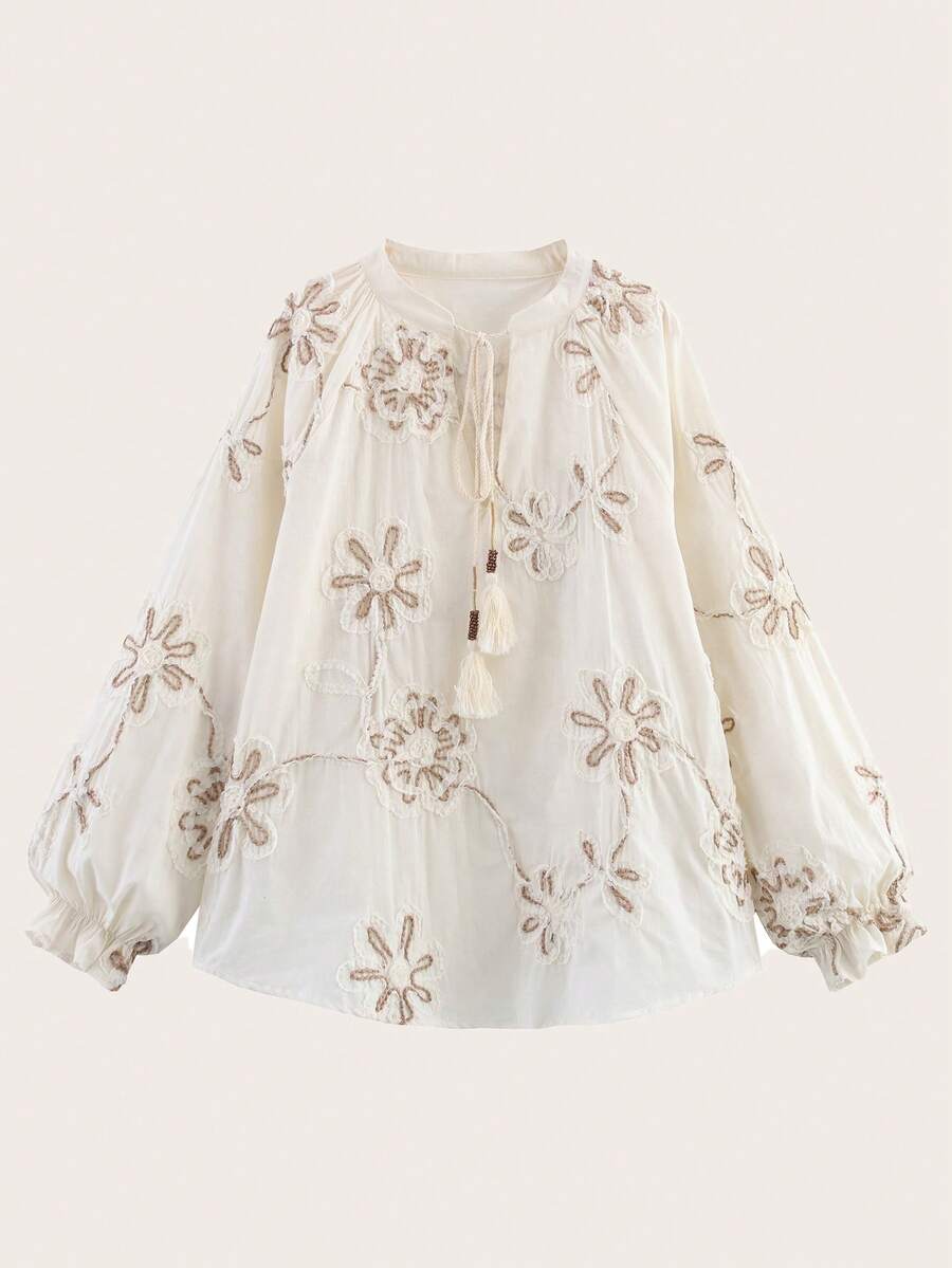 Camisa de manga larga con bordado floral unicolor, primavera/otoño - Beis - Ver 1