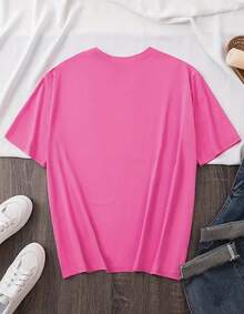 Camiseta de verano casual con letras blancas osadas, cuello redondo, parte superior para todas las estaciones, parte superior de verano casual - Rosa - Ver 2