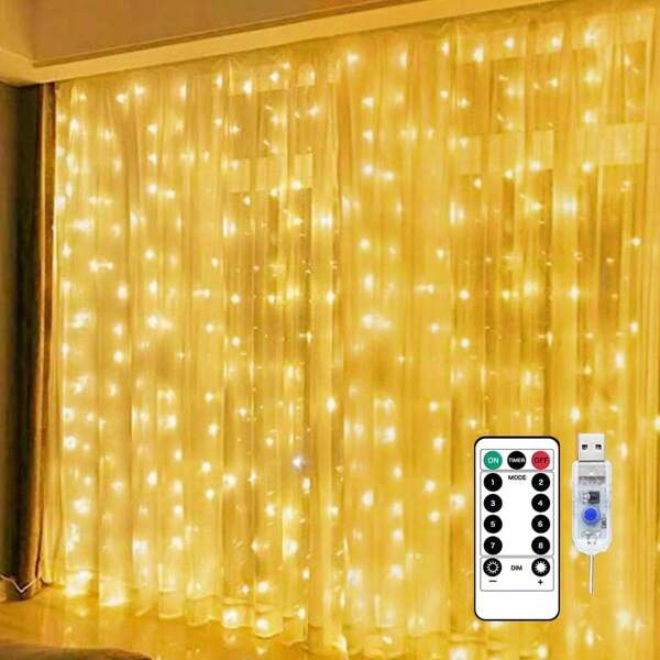 300LEDs Zdalne sterowanie kurtynami świetlnymi, wtyczka USB 8 trybów, zewnętrzne światła sznurkowe z pilotem, wiszące na ścianie okna, zasłony, światła sznurkowe do sypialni, tło, wesele, dekoracja wnętrz, Boże Narodzenie, ciepła biel