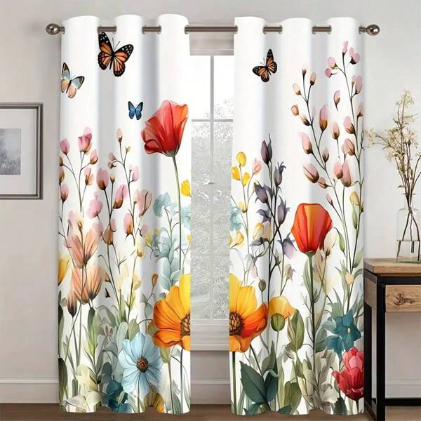 2 PIÈCES Rideaux avec imprimé floral et papillon pastoral, rideaux à 12 trous pour la décoration intérieure du salon