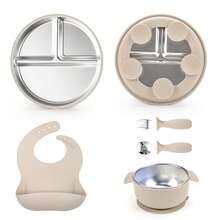5-Piece Stainless Steel Silicone Feeding Set: Round Stainless Steel Silicone Plate, Stainless Steel Silicone Double-Ear Bowl, Stainless Steel Fork & Spoon, Bib - Multicolor - View 11
