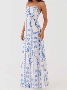 Women Summer Tube Top Long Dress Ruched Off Shoulder Midi Dress Sleeveless A-Line Evening Party Clubwear Maxi Dresses - 白色 - 查看 3