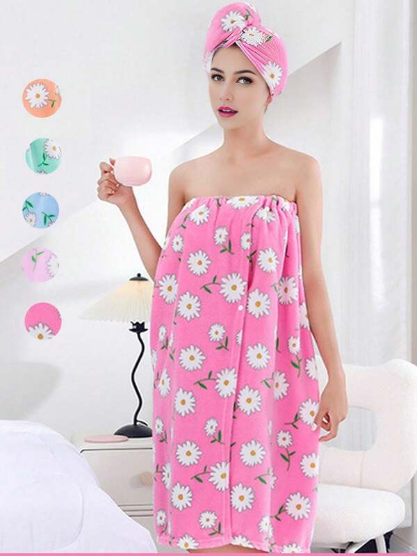 2 Pcs Floral Printed Adjustable Bath Towel Robe For Women With Hair Drying Towel, Soft Absorbent Coral Fleece Shower Wrap Adjustable For Women And Girls, Lightweight Soft Towel Wraps, Comfortable Bathrobe, Perfect For Spa, Sauna, And Pool Mother's Day Flowers,Personalized Gifts For Mom,Last Minute Gifts,Mother's Day Ideas,Mothering Sunday Gifts,Handmade Cards For Mum,Best Mother's Day Gifts Under $50 Summer Wedding Home Bathroom Decor Back To School