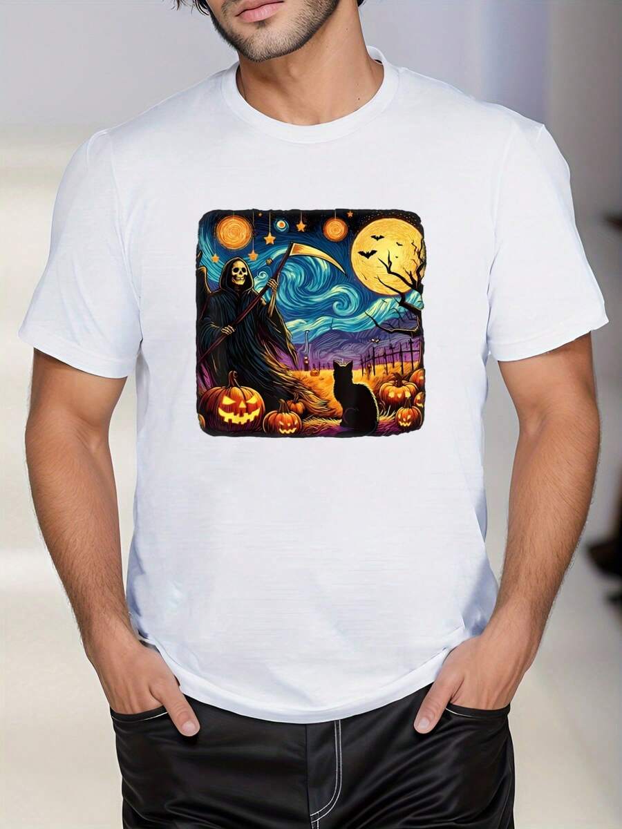 Camiseta blanca con estampado de La Parca y Calabaza ,220 g/m², nueva camiseta informal de verano de algodón con cuello redondo y manga corta (1 unidad) - Blanco - Ver 1