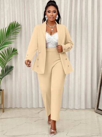 BIUBIU 大码女式两件套商务套装：纯色长袖上衣和长裤