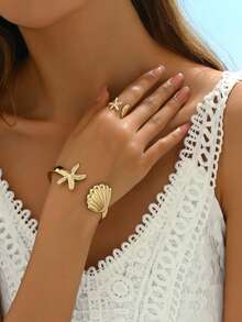 1 Set Beach Starfish & Seashell Bracelet & Ring Set, Fashionable Vacation Accessories For Everyday Women Wear - Gold - View 3