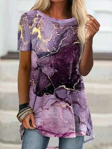 女士紫色大理石印花短袖T恤，时尚 - 紫色 - 查看 1