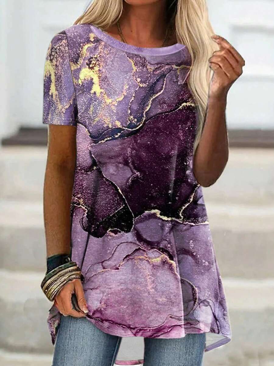女士紫色大理石印花短袖T恤，时尚 - 紫色 - 查看 1