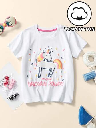 1 件幼儿/年轻女孩休闲卡通独角兽图案圆领短袖 T 恤，时尚春夏