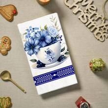 [2 Peças Toalhas de Cozinha de Porcelana Azul e Branca] Toalhas de Cozinha contemporâneas com Estampa de Porcelana Azul e Branca, Conjunto de Panos de Prato e Toalhas de Poliéster, Lavável em Máquina, Oblongo, Design Floral Cartoon, Tecido Tricotado, Secagem Rápida, Sem Fiapos - Perfeito para Lavar Louça e Decoração Doméstica