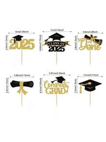12pcs/Set 2025 Graduation Cupcake Toppers, 2025 Shiny Graduation Cupcake Decorations, 2025 Grad Class Congratulations Graduation Cap & Diploma Cupcake Picks, 2025 Blue And Black, Gold