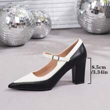 2025 New Black & White Color-Block Chunky Heel Pointed Toe Fashion Versatile Elegant Pumps