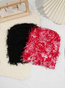 2 peças/1 peça Gorro de Tricô Longo e Felpudo Personalizado e Estiloso Unissex com Bordado de Cruz