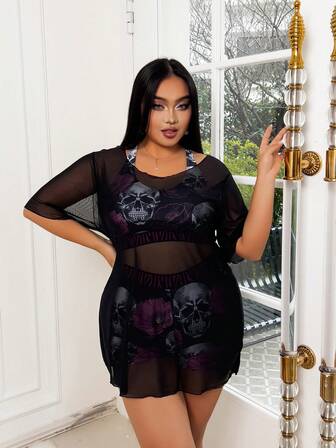 3pcs Plus Size Elegant Casual Skull Design Swimsuit Set - High Waisted Bikini, Swim Coverup, Suitable For Holiday, Sports, Travel In Summer