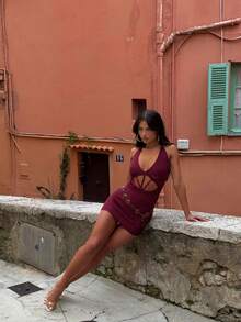 2025 Spring/Summer New Women's Solid Color Backless Mini Skirt, Beach Resort & Party - Burgundy - View 2