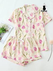 2pcs Plus Size Women Tulip Print Lapel Button Front Short Sleeve Top And Shorts Sleepwear Suit, Comfortable For Home Wear, Summer, Outfits