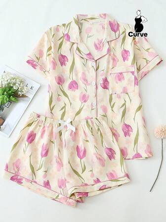 2pcs Plus Size Women Tulip Print Lapel Button Front Short Sleeve Top And Shorts Sleepwear Suit, Comfortable For Home Wear, Summer, Outfits