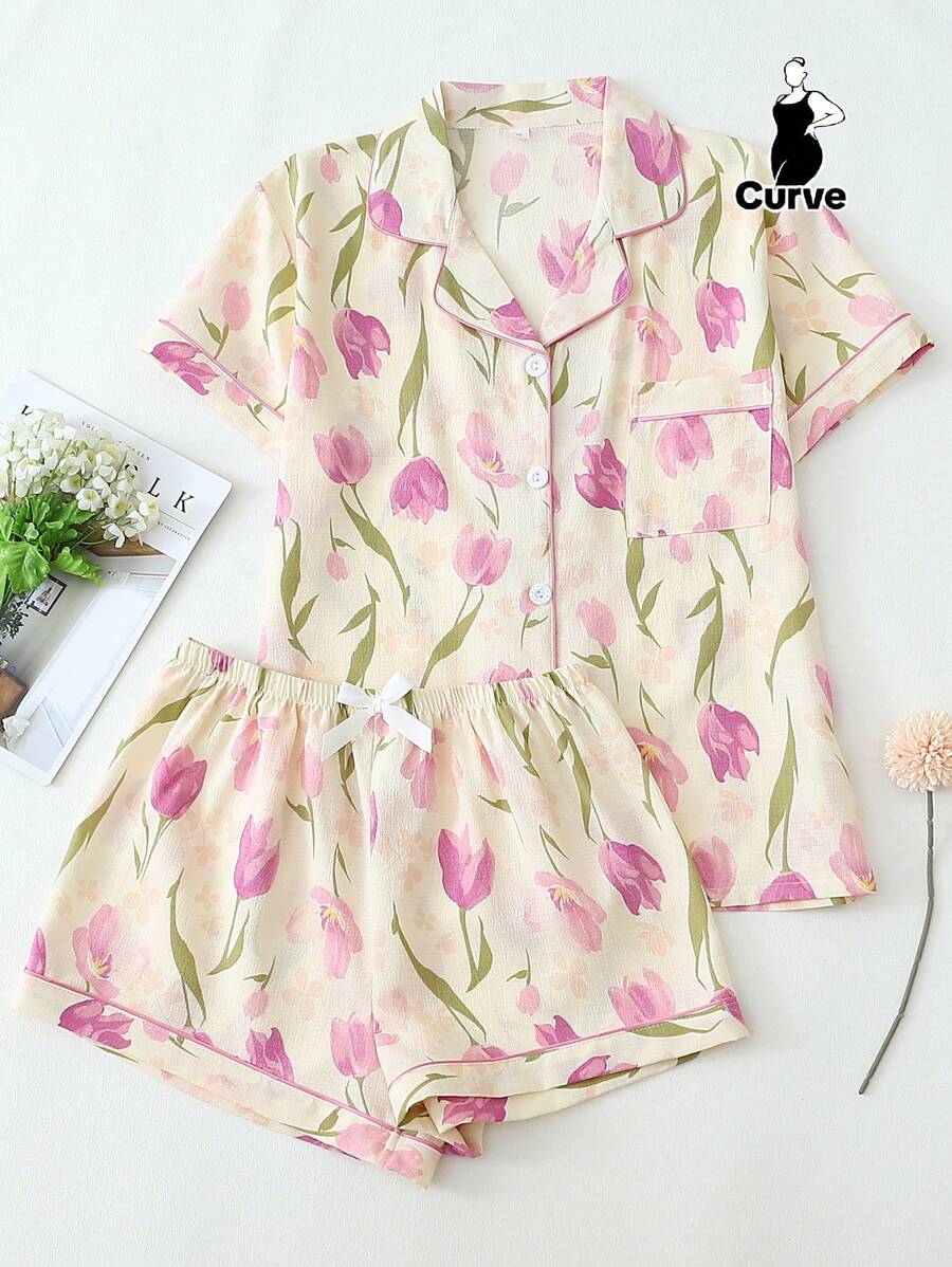 2pcs Plus Size Women Tulip Print Lapel Button Front Short Sleeve Top And Shorts Sleepwear Suit, Comfortable For Home Wear, Summer, Outfits
