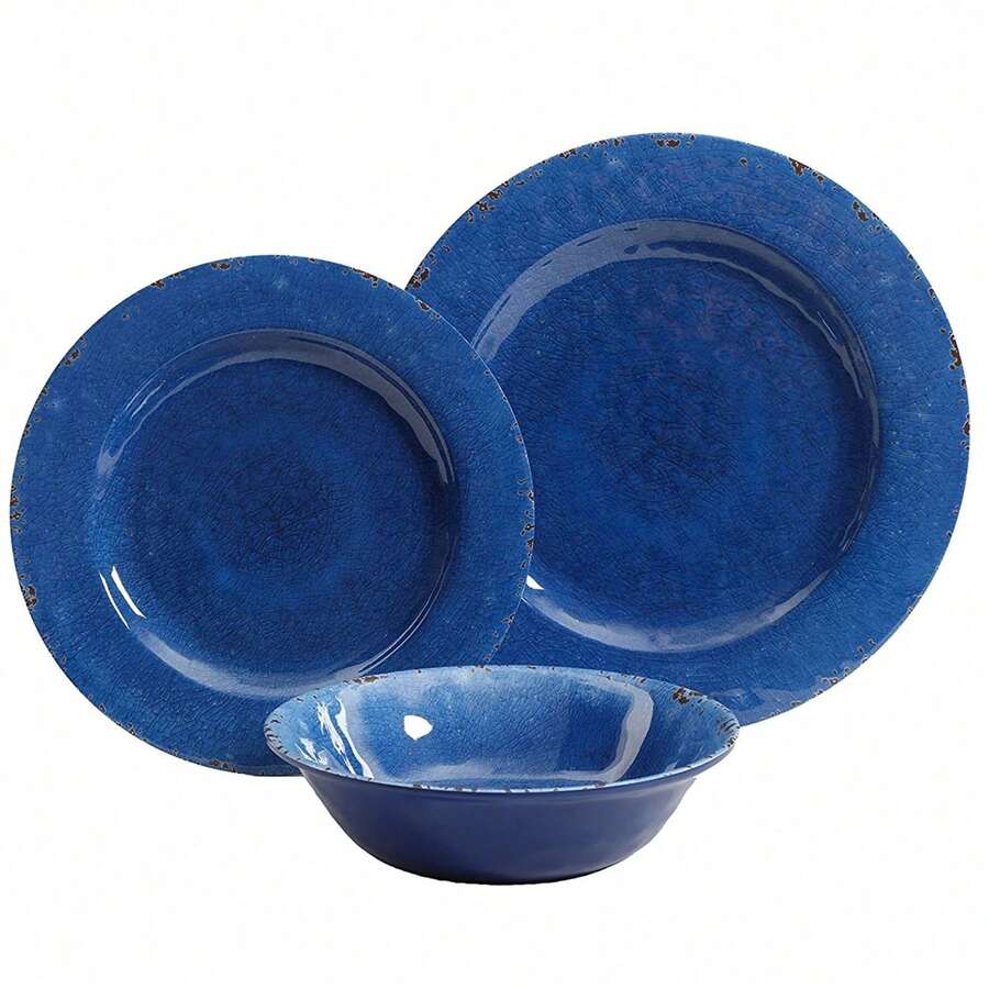 New Style Mauna 12 Pc Dinnerware Set - Cobalt Blue - Crackle Look Decal - Melamine - 1 - View 1