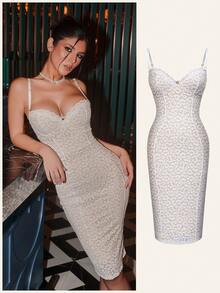 Elegant Sexy White Leopard Lace Deep V-Neck Bodycon Spaghetti Strap Midi Dress With Built-In Bra, Valentine's Day, Night Out, Cocktail, Wedding Guest, Birthday - 白色 - 查看 9
