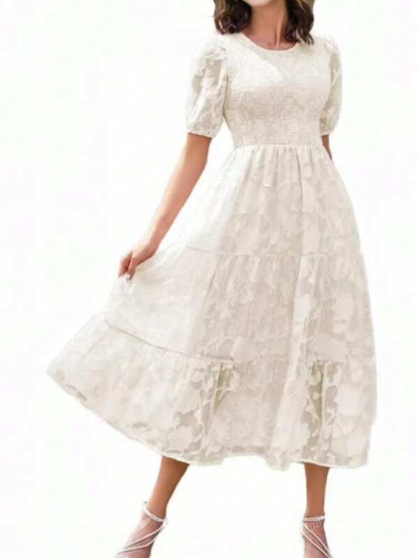 Elegant Round Neck Ruffle Puff Sleeve Floral Layer Casual Dress, Summer