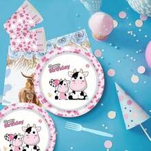 50pcs Pink Cow Themed Disposable Tableware Set, Includes 7in & 9in Paper Plates, Napkins, Cups, Thickened Disposable Tableware Set Suitable For Birthday Party, Theme Party, Outdoor Gathering, Family Gathering, Daily Use