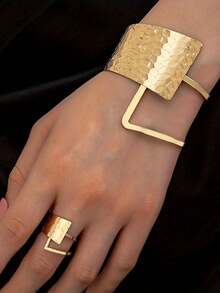 1 件手镯 + 1 件开口戒指，女士首饰套装，金属创意锤纹镂空几何设计，简约风格，适合日常佩戴和送礼