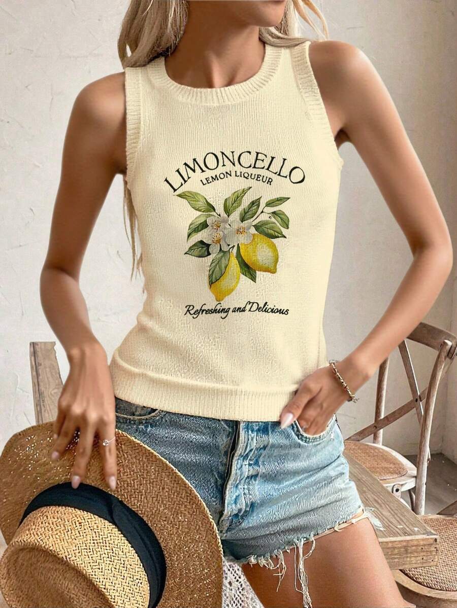 Spring And Summer New Round Neck Women Vest Lemon Pattern Print ,White Summer T Shirts,Simple Stylish,Suitable For Commuting,Summer Women Tops - Yellow - View 1