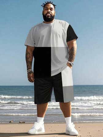 男士休闲拼色印花 T 恤和短裤套装