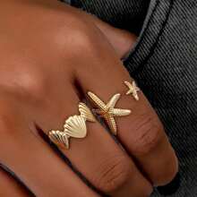 2pcs Metal Ocean Themed Adjustable Shell & Star Unique Design Statement Rings Set For Women