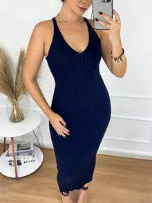 Modal Knit Longuete Dress Open Back Racerback Carnival Look - Navy Blue - View 2